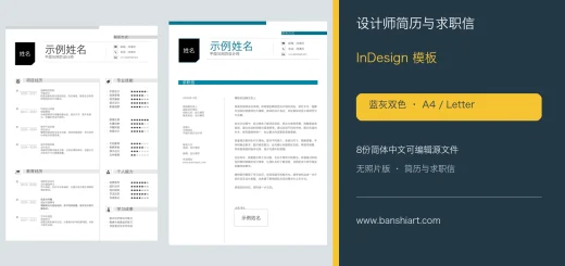 设计师简历与求职信InDesign模板-蓝灰双色A4与Letter简体中文无照片版 特色图片